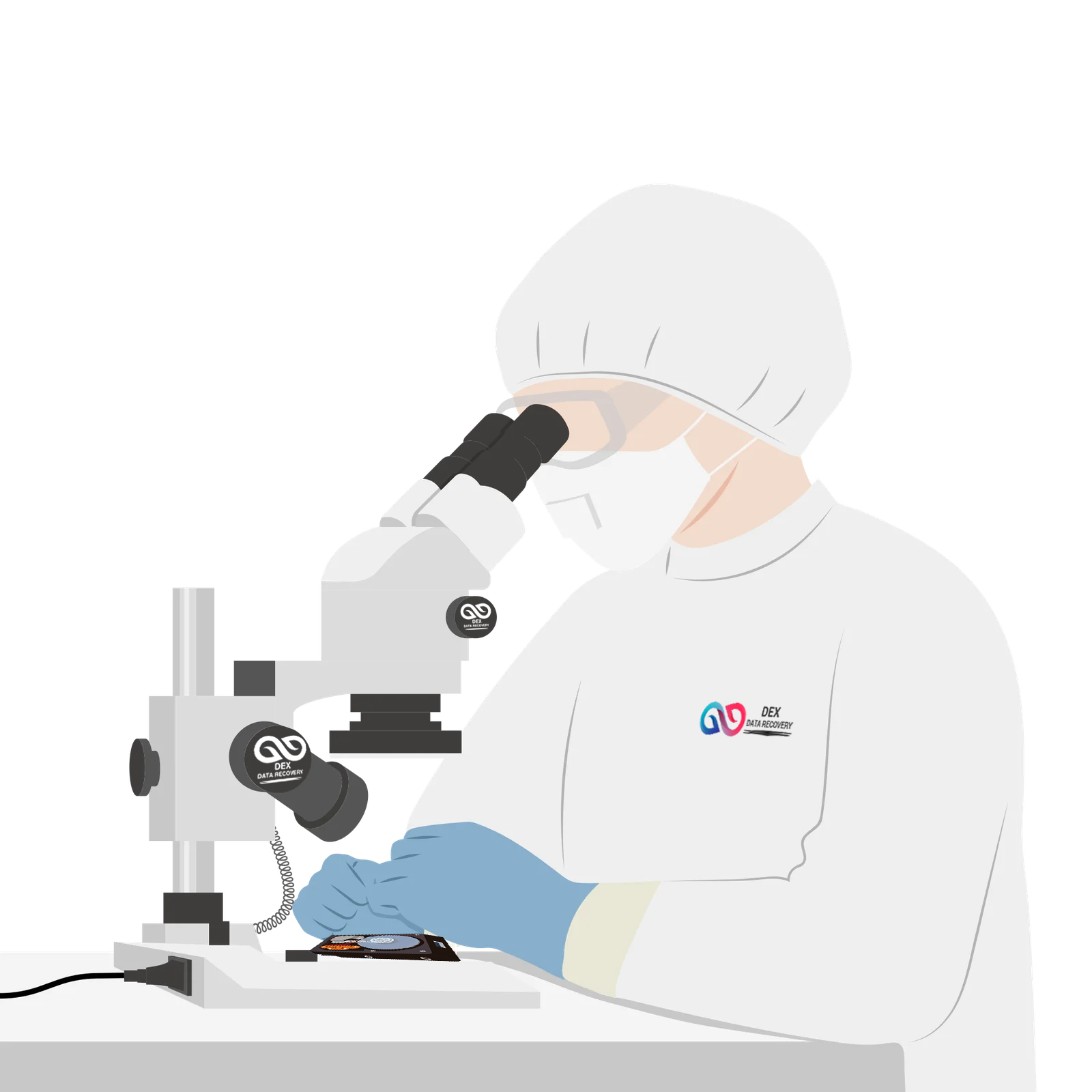 Dex Data Recovery Lab technician working in cleanroom on hard drive under microscope