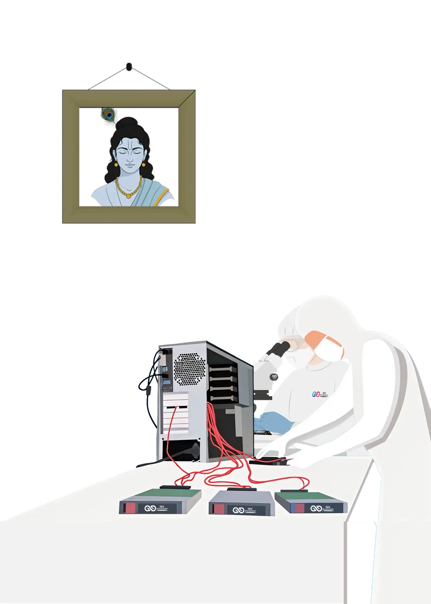 Dex Data Recovery expert working on a multi-drive system in a cleanroom lab under Lord Krishna’s blessing